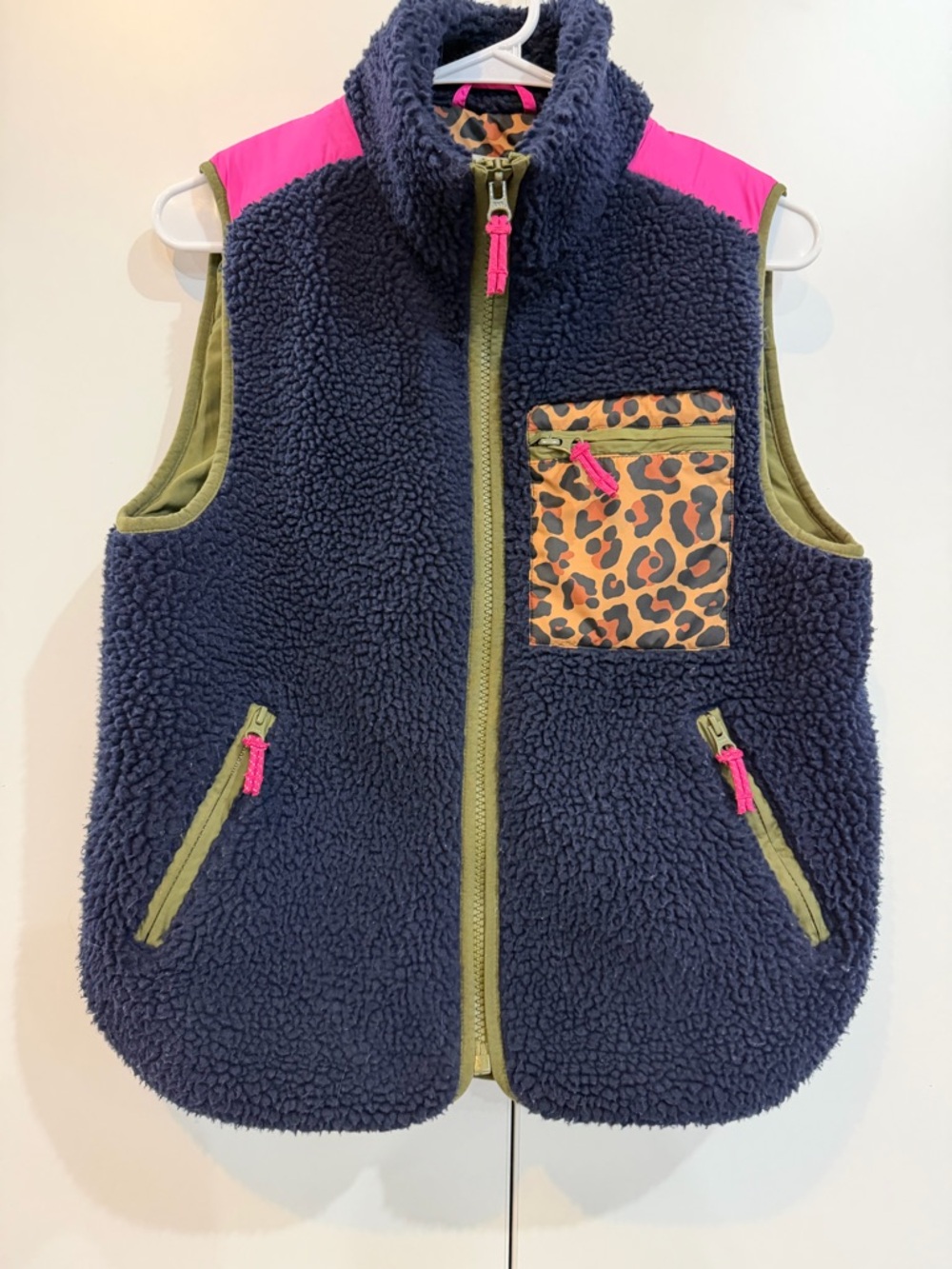 Boden Navy Sherpa Vest with Leopard Pocket & Hot Pink Accents